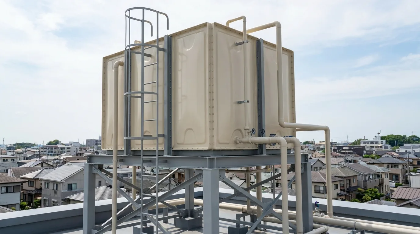 マンション屋上のFRP受水槽と架台
