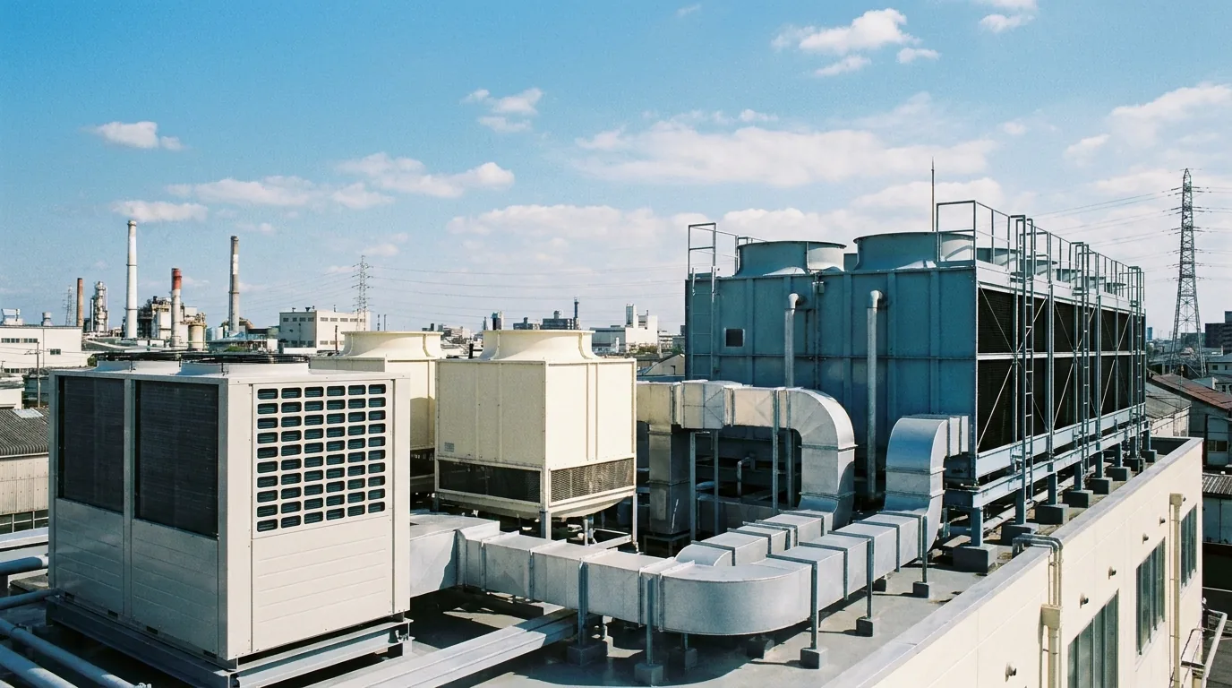 ビル屋上の空調室外機と冷却塔