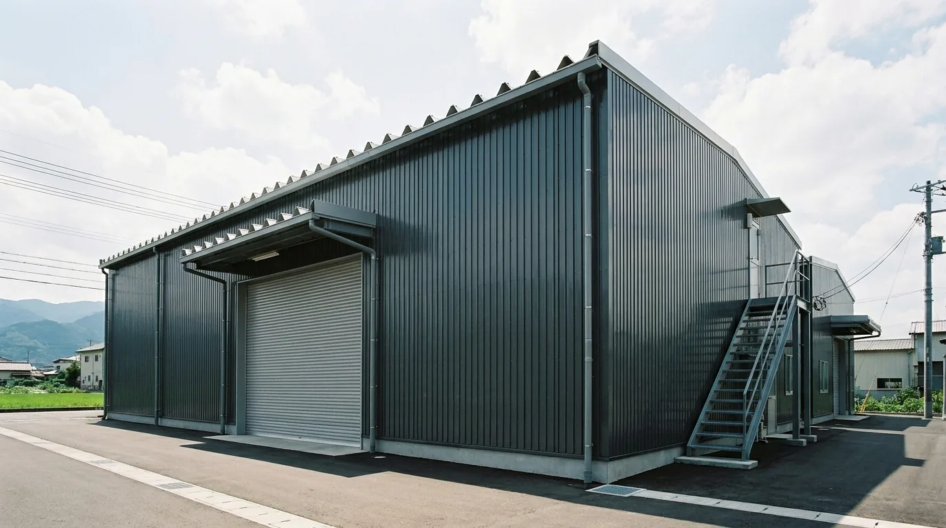 工場建屋の角波外壁と折板屋根。塗装を終えた状態