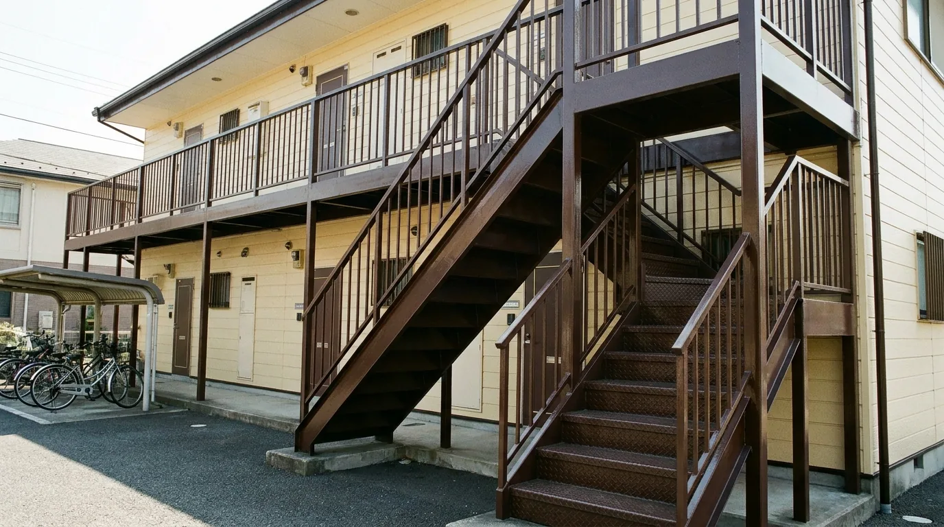 塗装を終えたアパートの鉄骨外階段と共用廊下の手すり